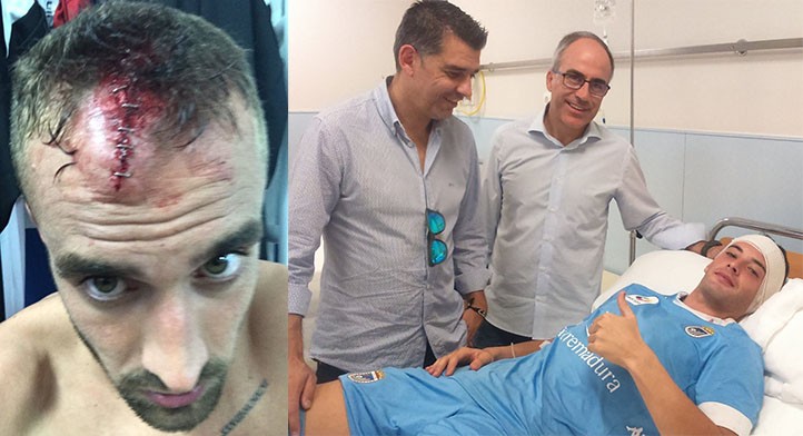 Brutal choque entre dos jugadores del Badajoz en el Municipal de Marbella
