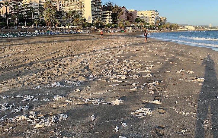Un vertido de aguas fecales llena de toallitas la playa de La Venus en Marbella