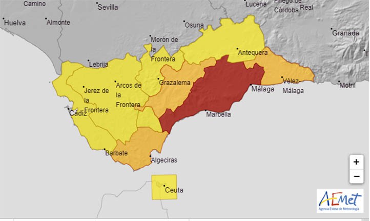 Elevan a alerta roja el aviso por lluvias este lunes en la Costa del Sol