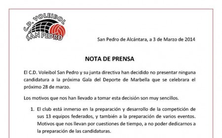 El CD Voleibol San Pedro explica sus motivos para no presentarse