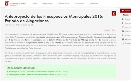 Los presupuestos de 2016 se pueden consultar en la web municipal