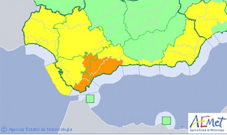 Alerta naranja este domingo por fuertes lluvias en la Costa del Sol